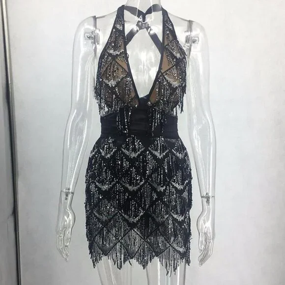 Bodycon Dress Women Deep V Neck Tassel Sequined - Picture 3 of 5